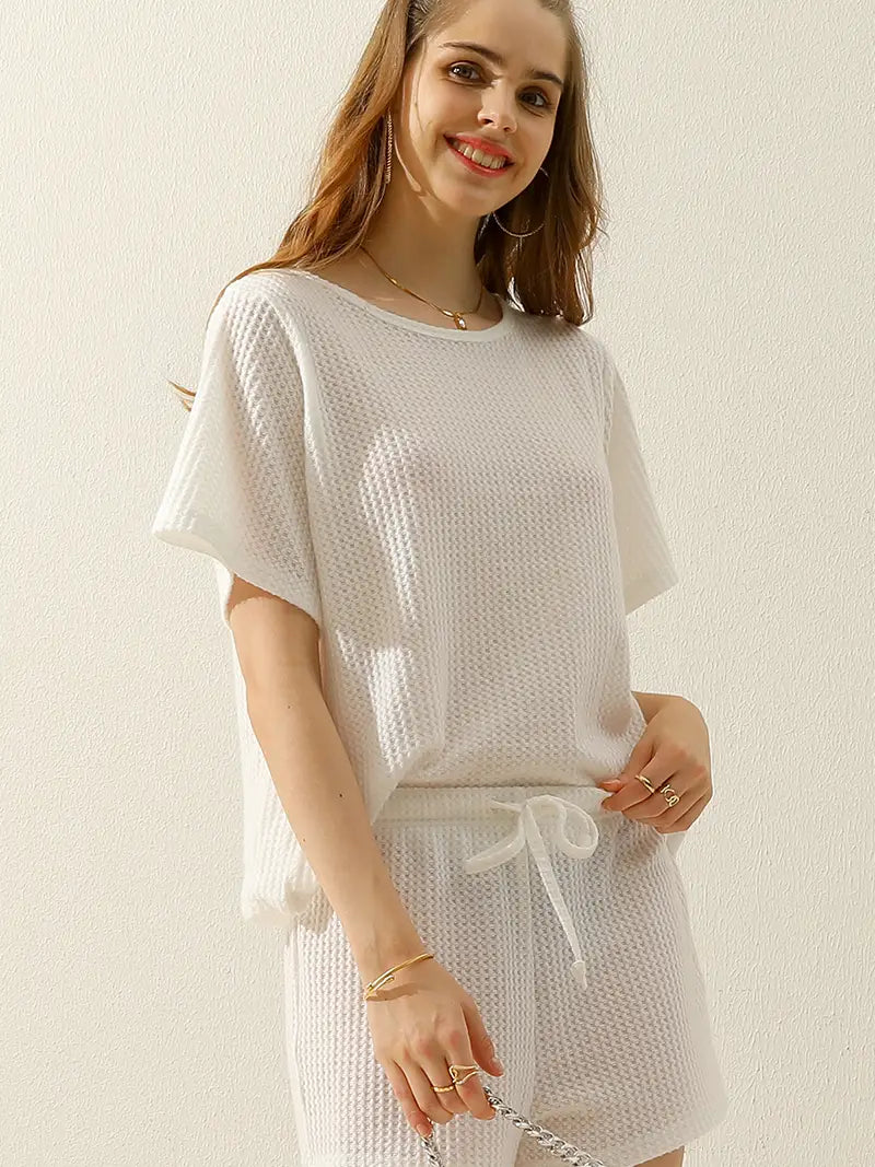 White Super Comfy Waffle Knit Short Set