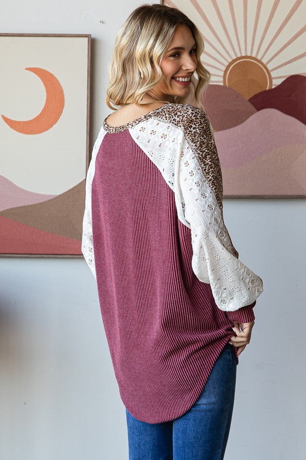 Burgundy Ribble Leopard Lace Detailed Top