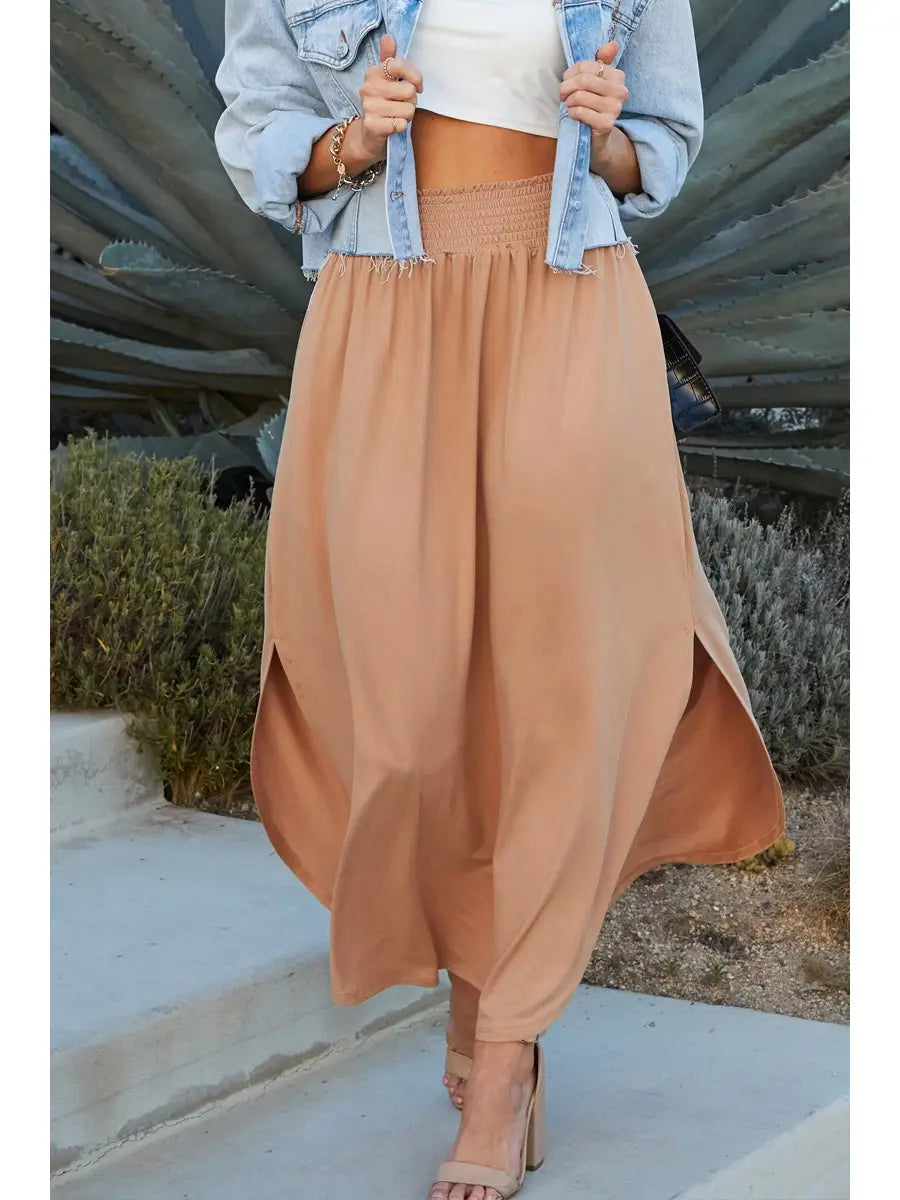 Taupe Smocking Waist Maxi Skirt