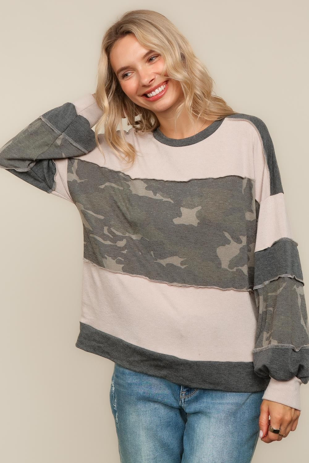 Camo Print Color Block Top