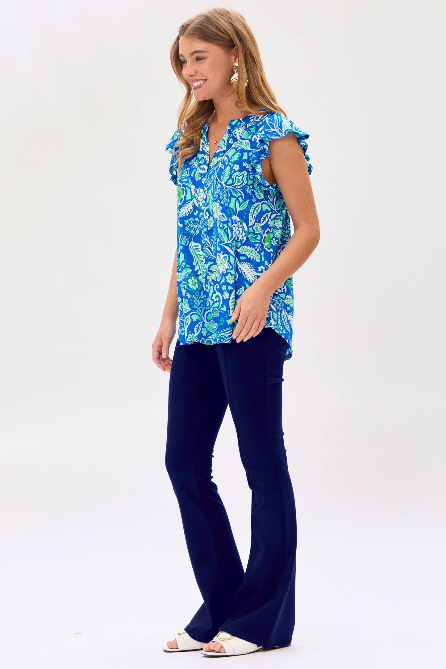 Blue/Green Ruffle Flutter Short Sleeve Top