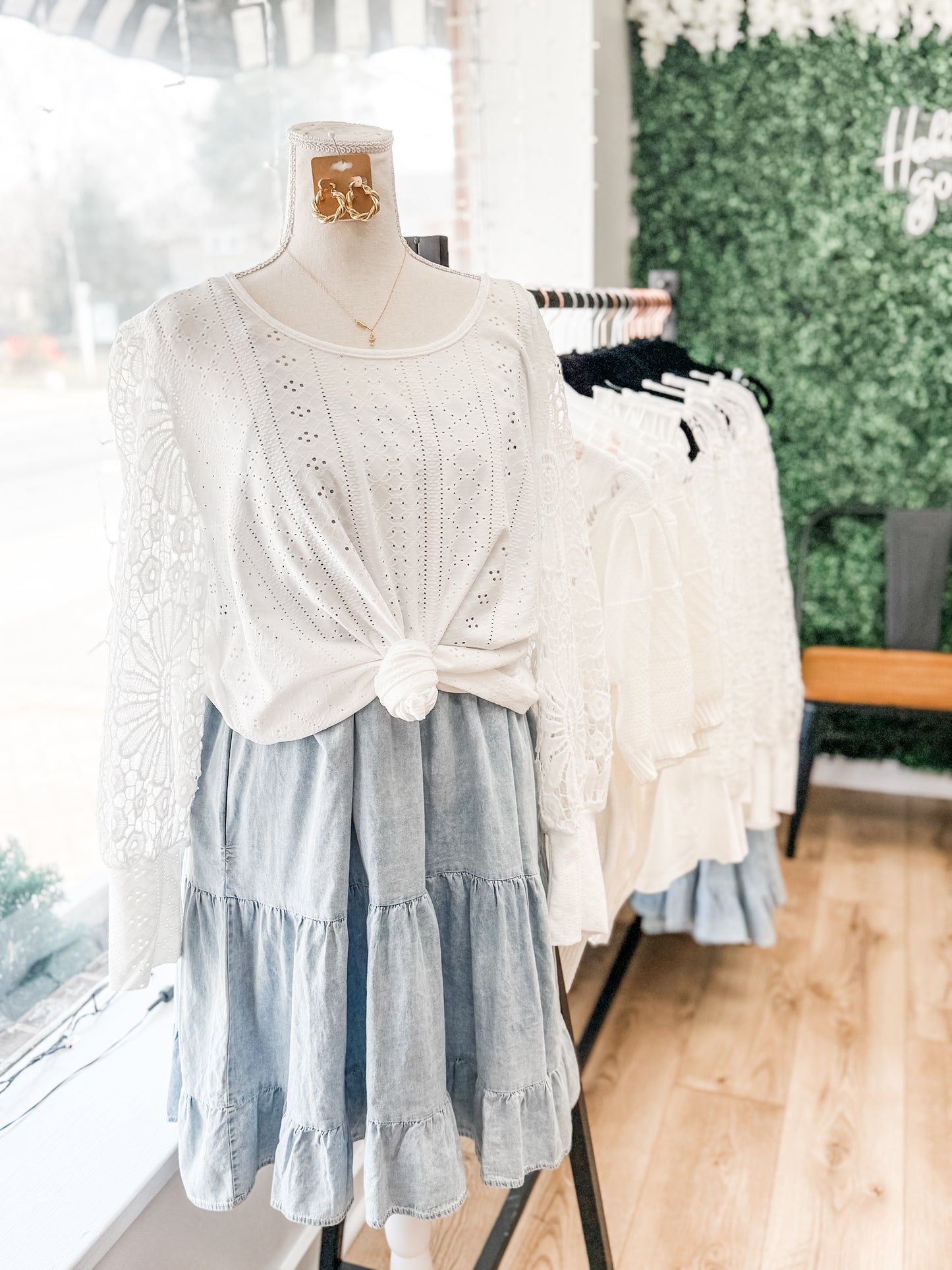 White Eyelet Lace Sleeve Top