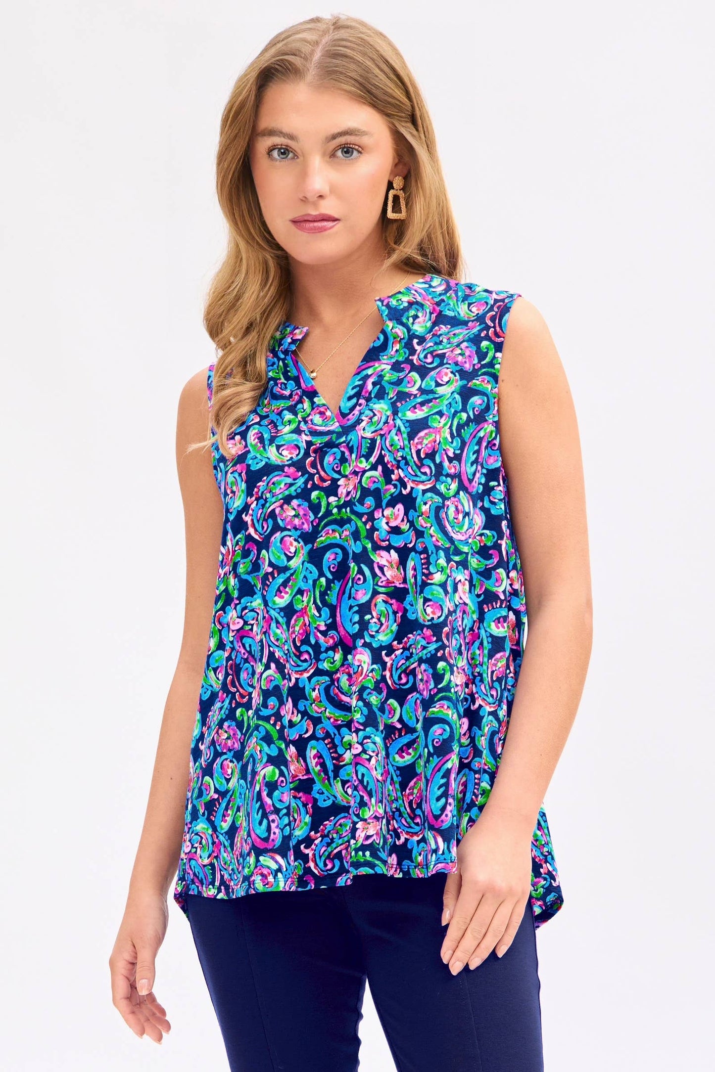 Abstract Print Mandarin Collar Sleeveless Top