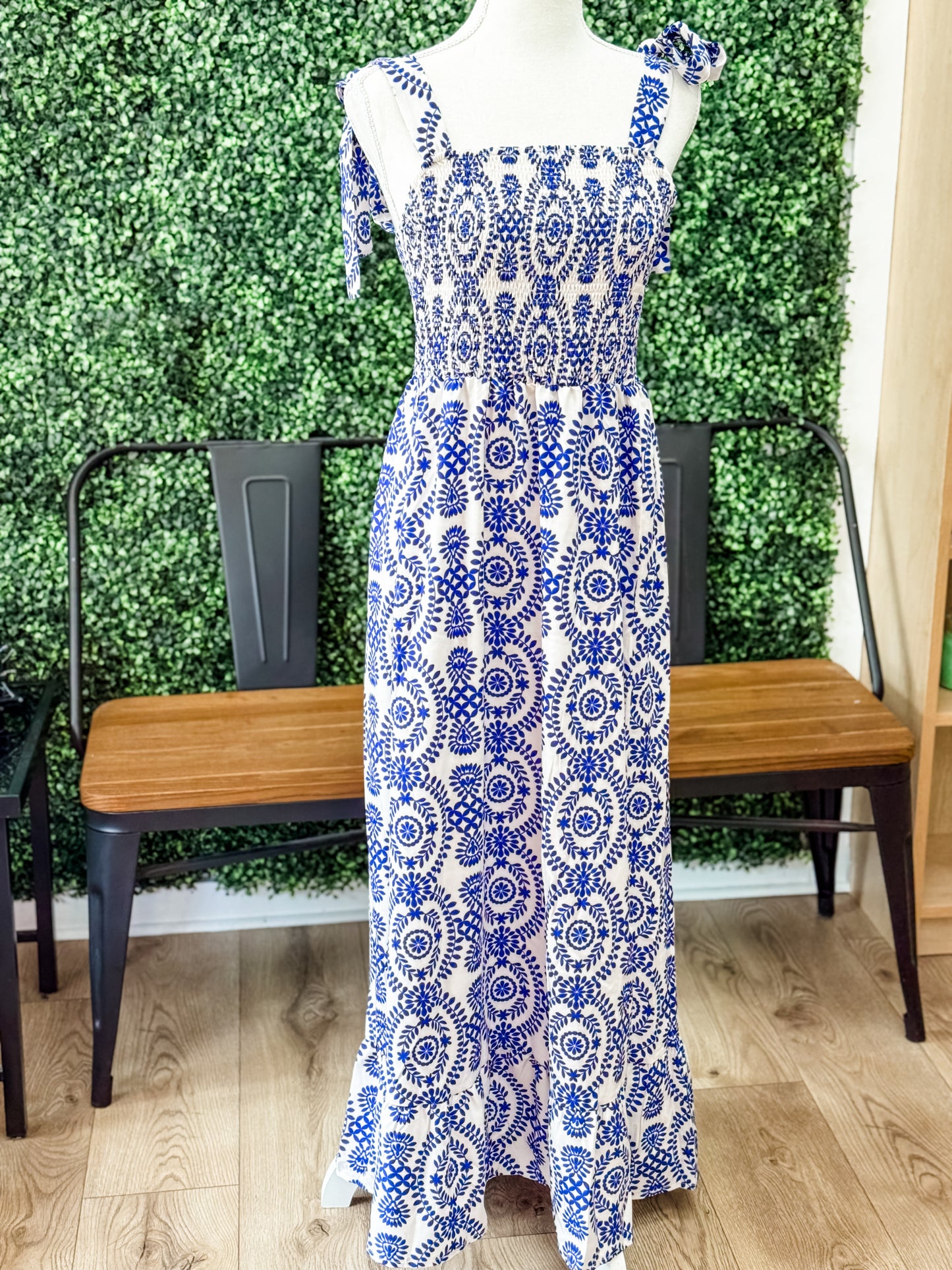 Royal Blue/White Patterned Maxi Dress