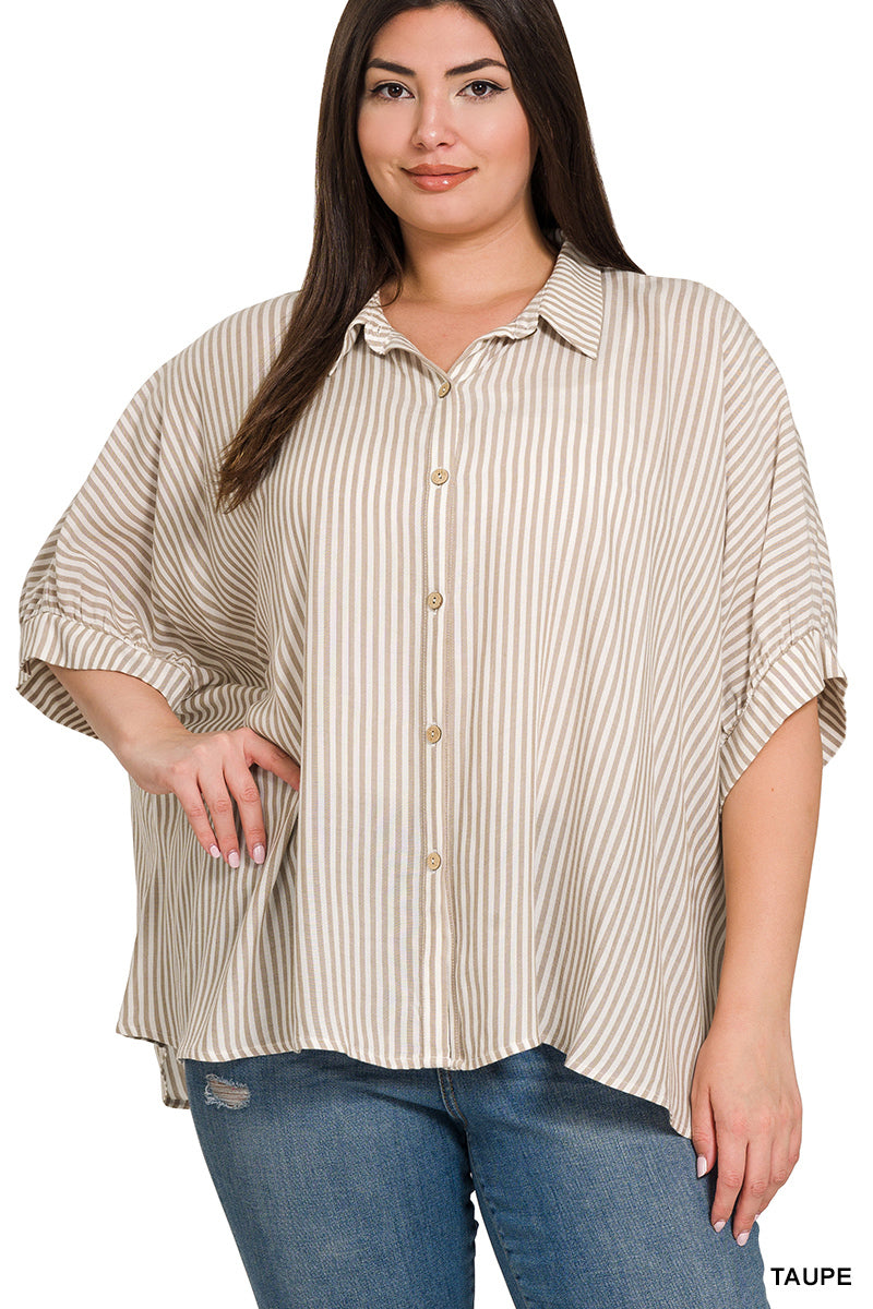 Taupe Stripe Short Sleeve Button Up