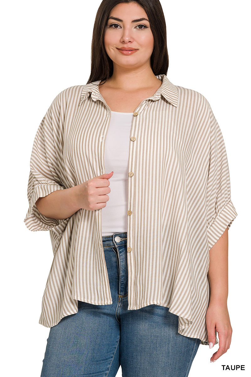 Taupe Stripe Short Sleeve Button Up