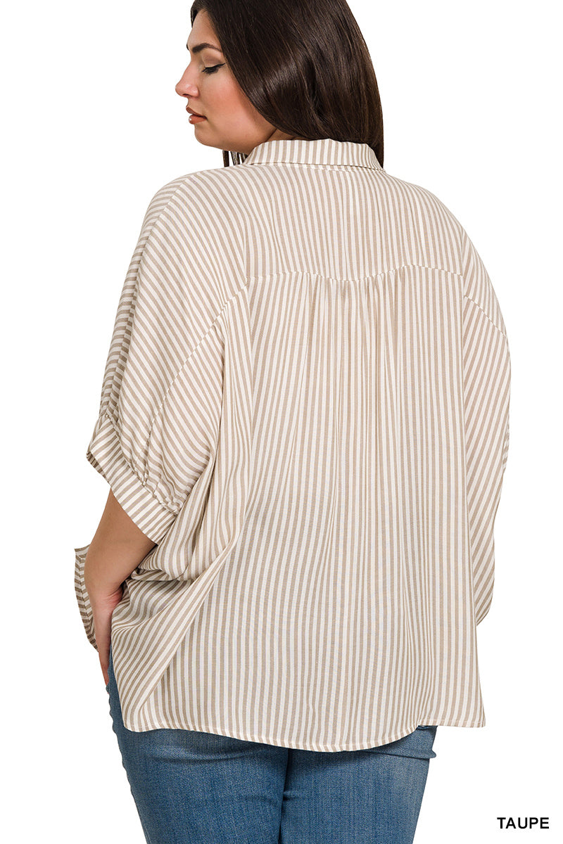 Taupe Stripe Short Sleeve Button Up