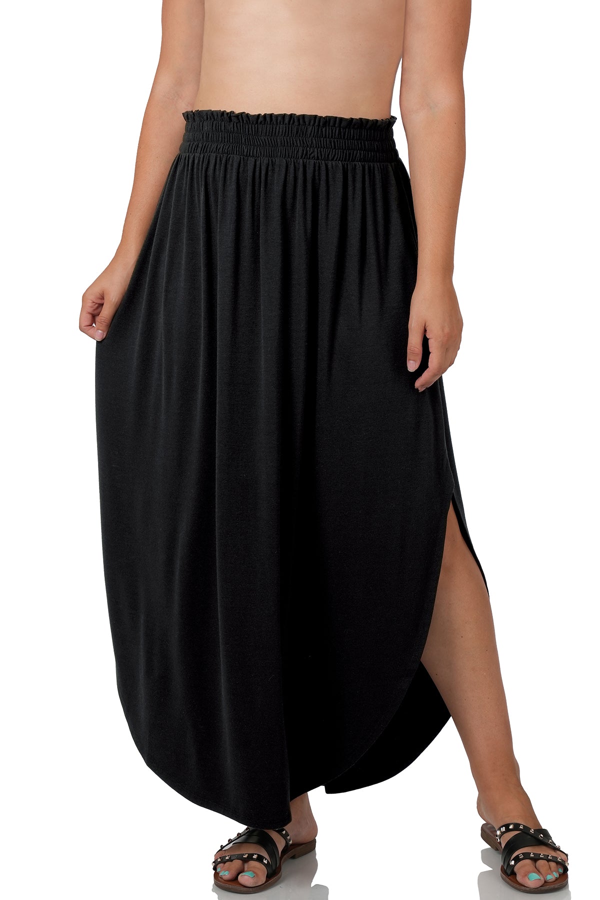 Black Smocking Waist Maxi Skirt