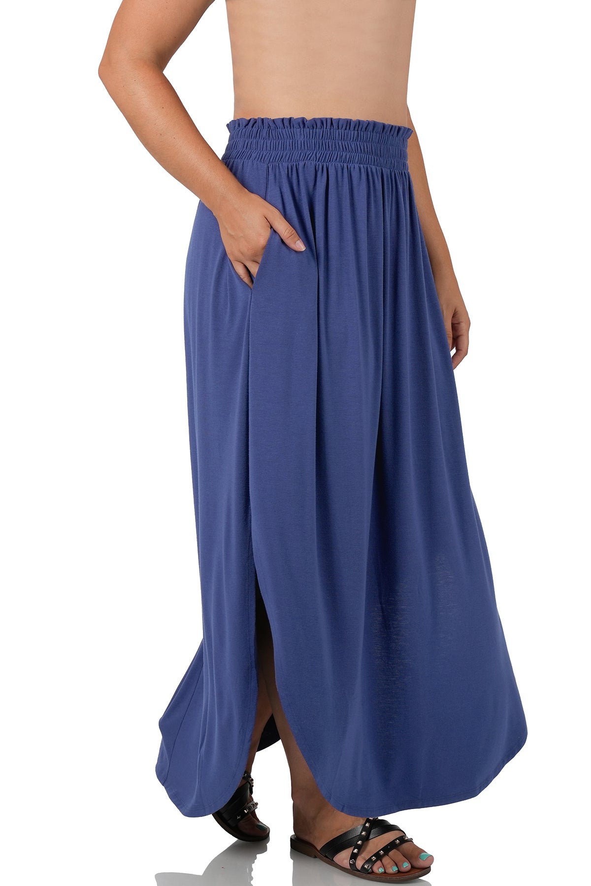 Light Navy Smocking Waist Maxi Skirt