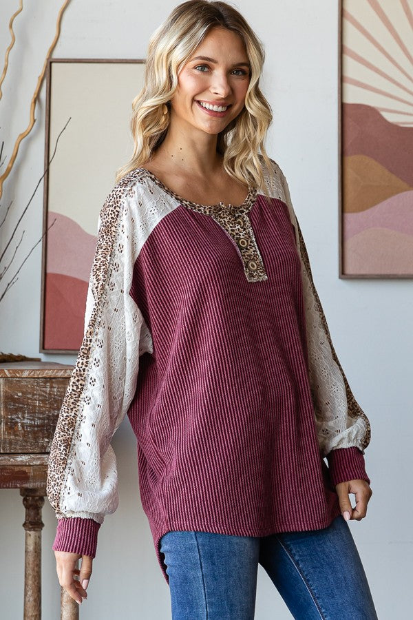 Burgundy Ribble Leopard Lace Detailed Top