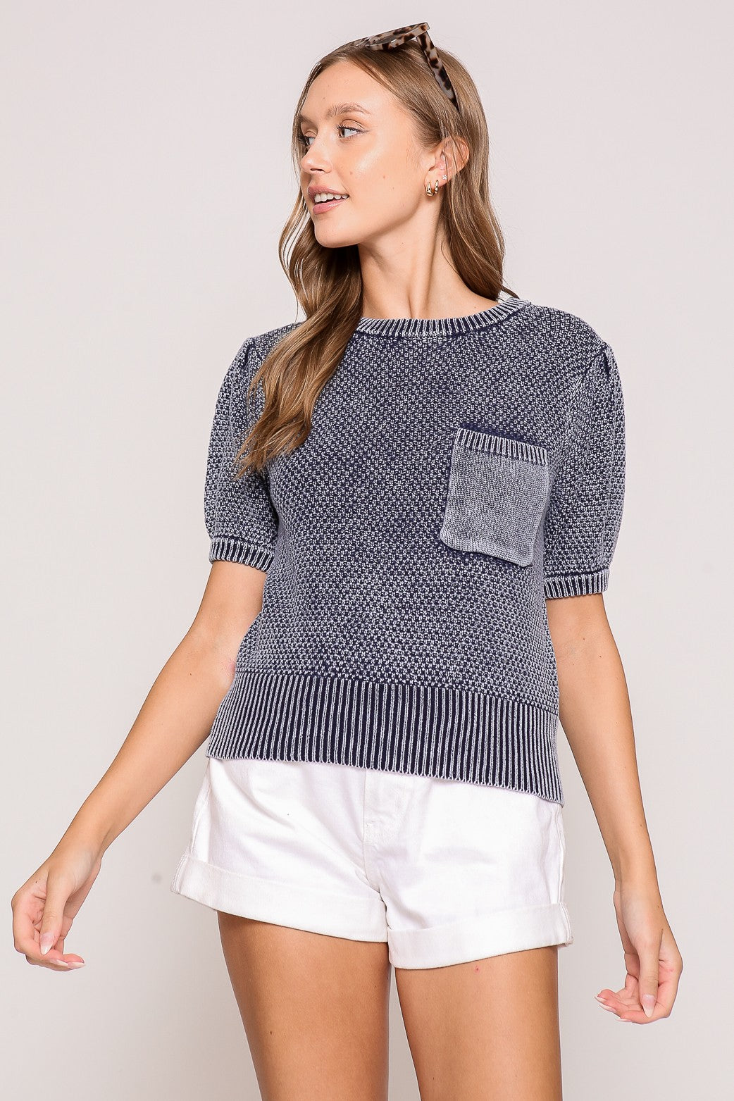 Mineral Wash Round Neck Sweater Top