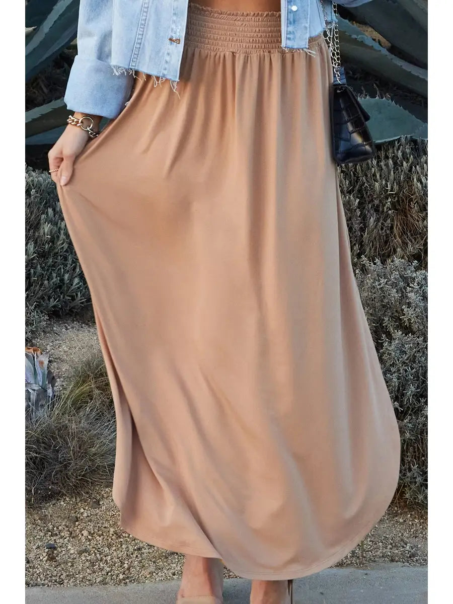 Taupe Smocking Waist Maxi Skirt