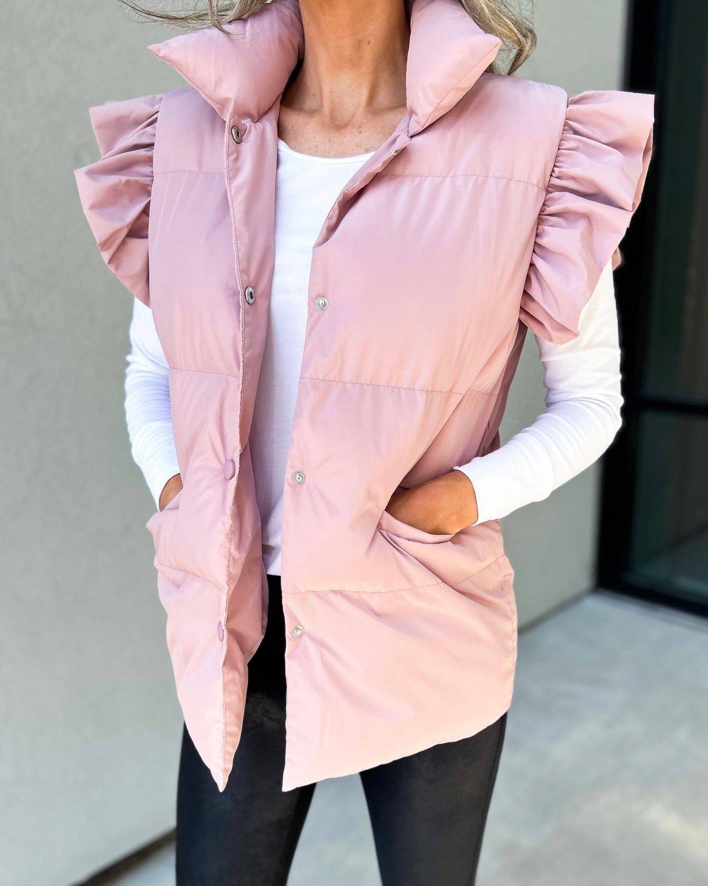 Pink Ruffled Sleeve Puffer Vest