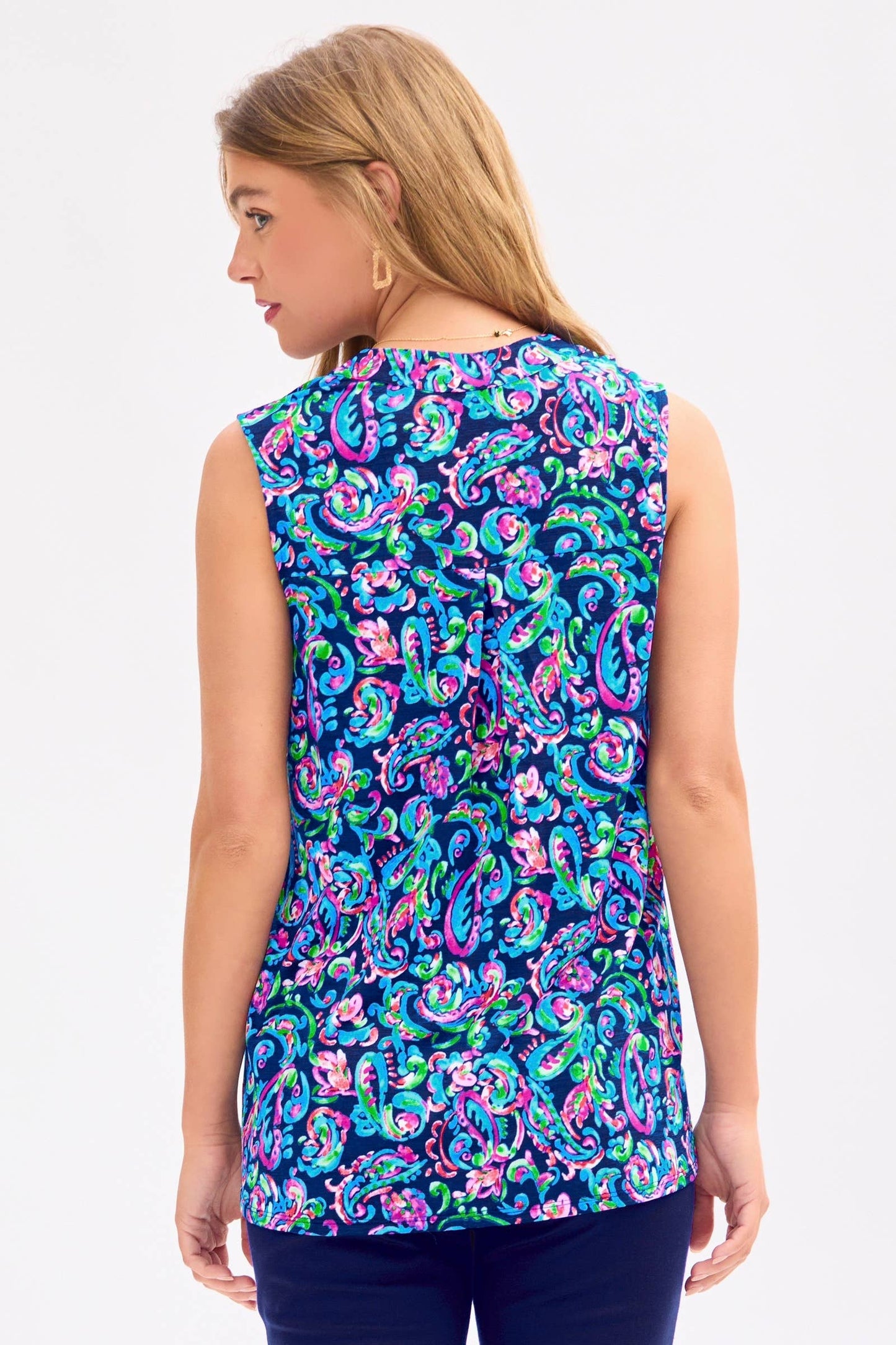 Abstract Print Mandarin Collar Sleeveless Top
