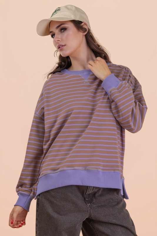 Mocha Lavender Stripe Comfy Casual Oversized Knit Top