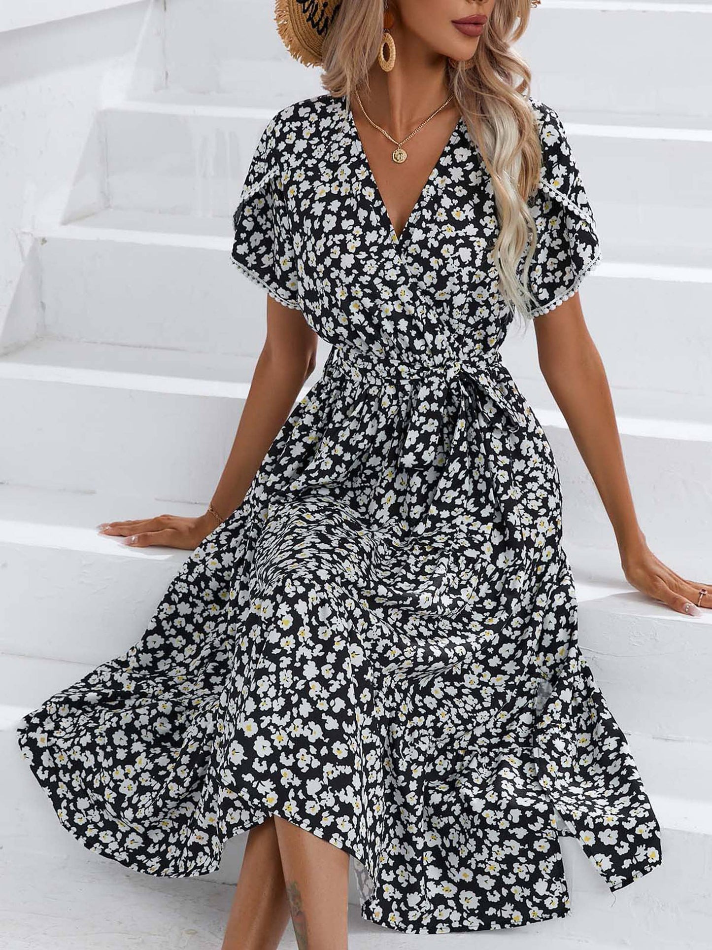 Floral Split V-neck Dress