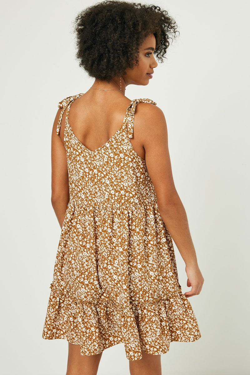Camel Floral Ruffle Tiered Dress