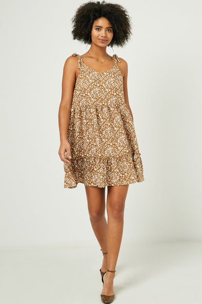Camel Floral Ruffle Tiered Dress