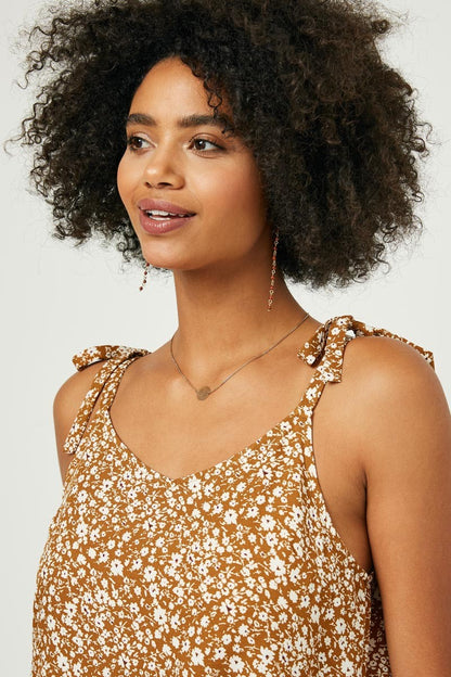 Camel Floral Ruffle Tiered Dress
