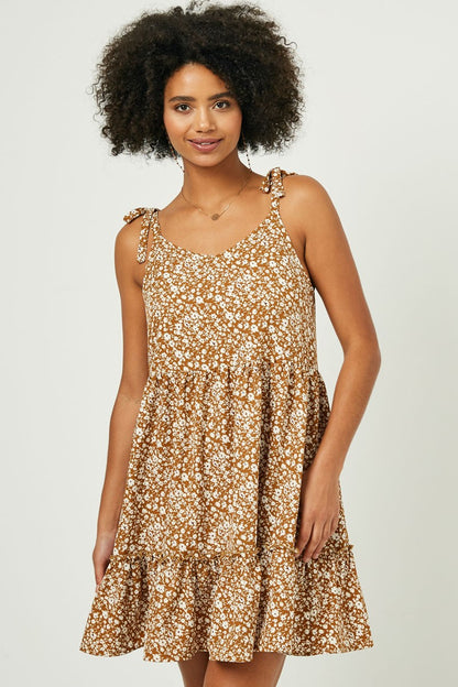 Camel Floral Ruffle Tiered Dress