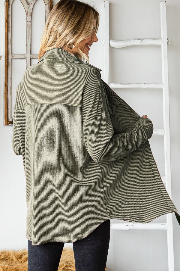 Olive Ribbed Button Up