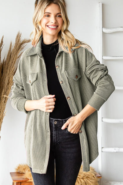 Olive Ribbed Button Up