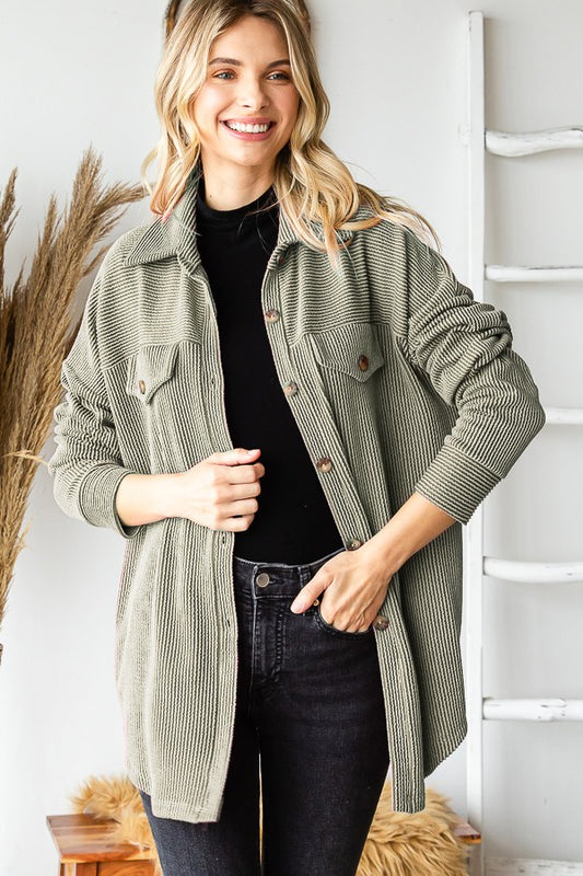 Olive Ribbed Button Up