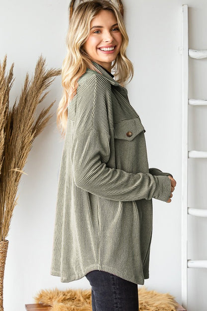 Olive Ribbed Button Up