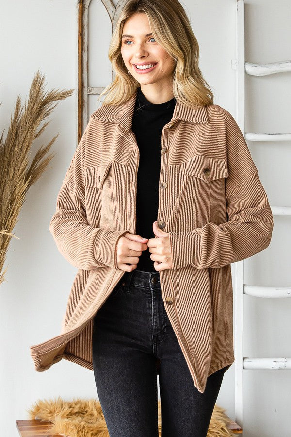 Chestnut Ribbed Button Up