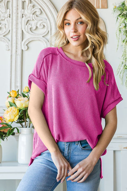 Fuchsia Ribbed Short Sleeve Top
