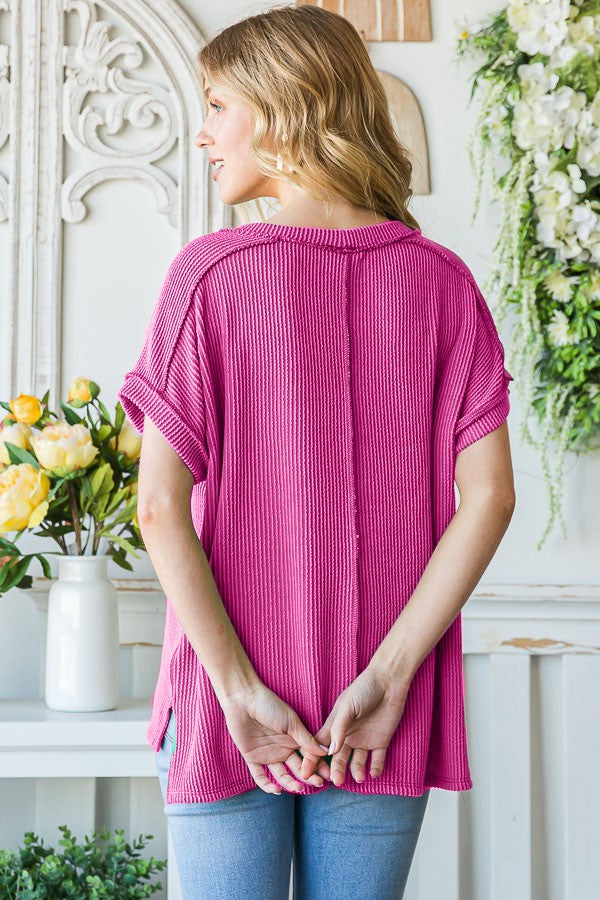 Fuchsia Ribbed Short Sleeve Top