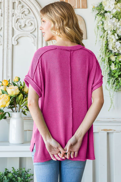 Fuchsia Ribbed Short Sleeve Top