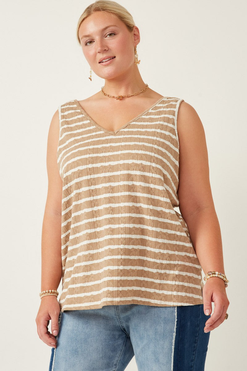 Taupe/White Stripe Textured Tank