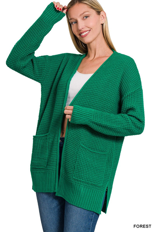 Forest Green Waffle Knit Cardigan