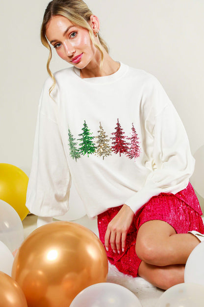 Cream Sequin Tree Sweater