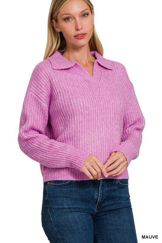 Mauve Collared V-Neck Sweater