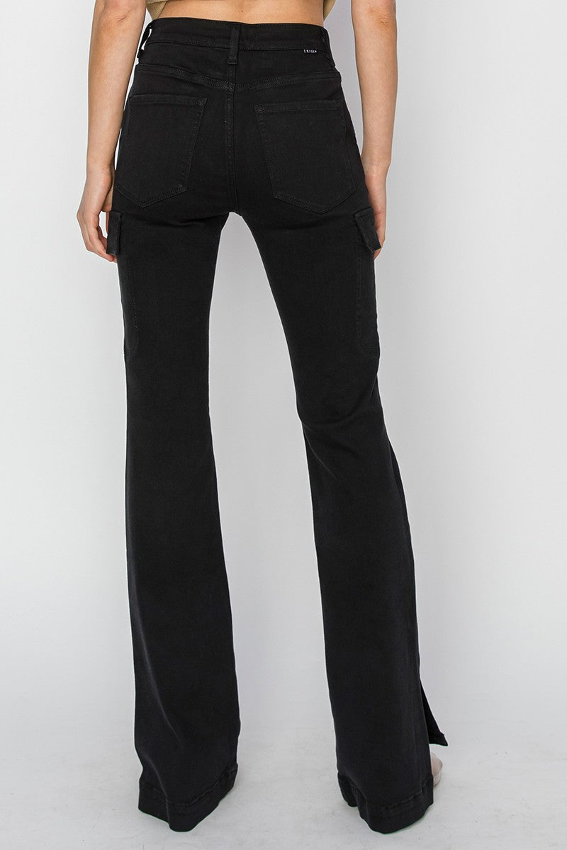 Risen High Rise Black Cargo Split Hem Boot Cut Denim