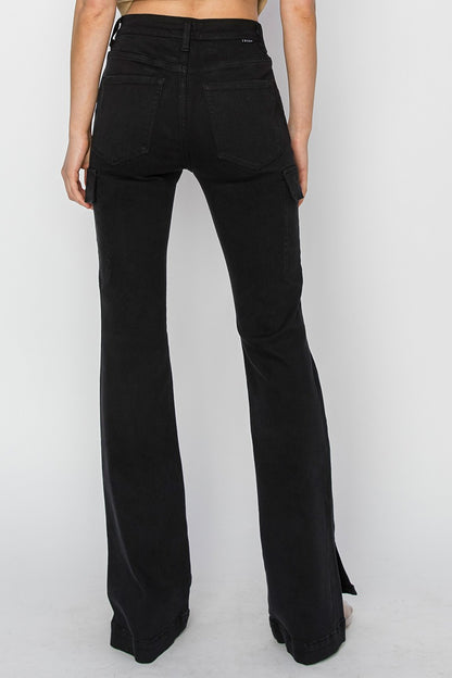 Risen High Rise Black Cargo Split Hem Boot Cut Denim