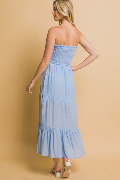 Blue Smocked Strapless Maxi Dress