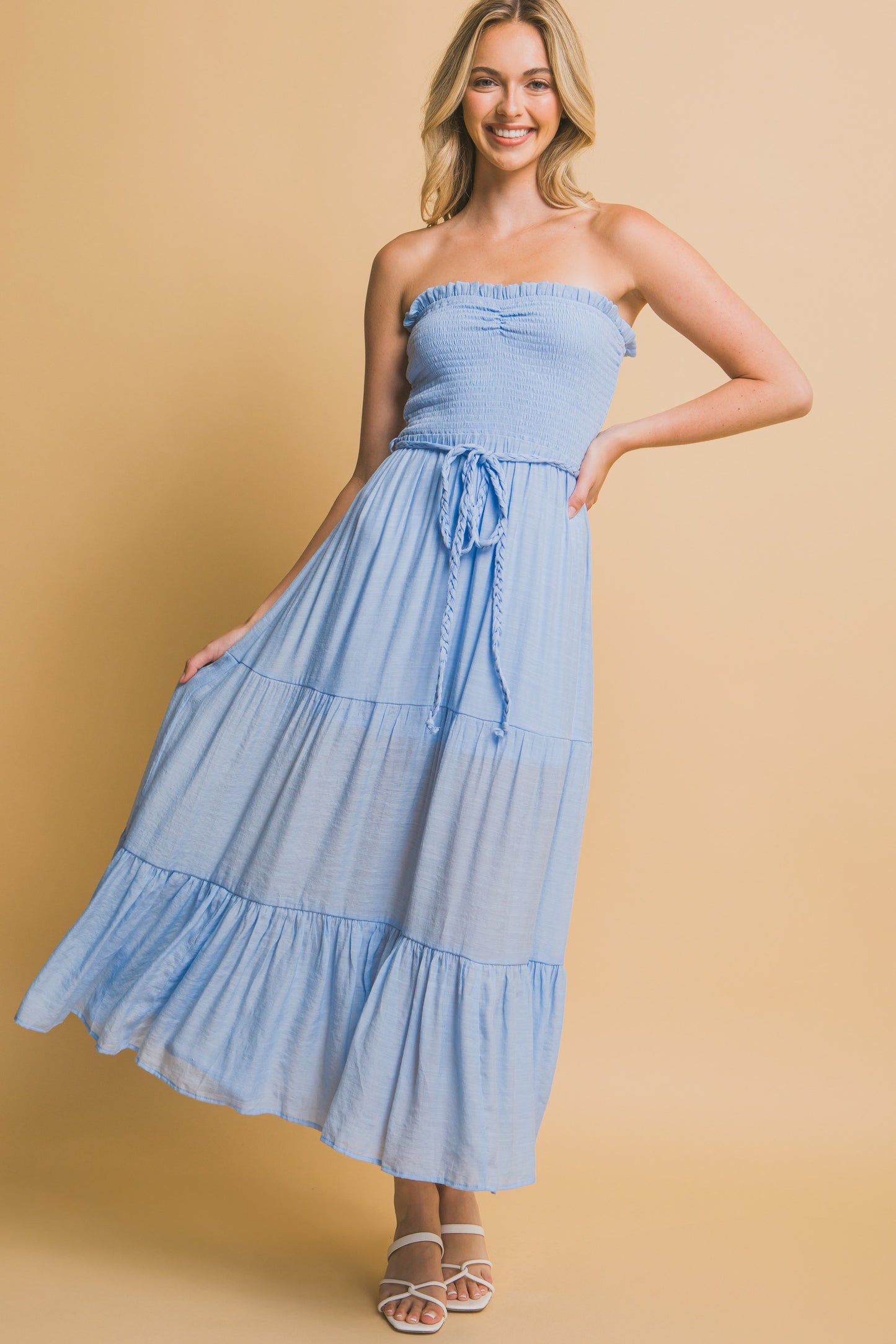 Blue Smocked Strapless Maxi Dress