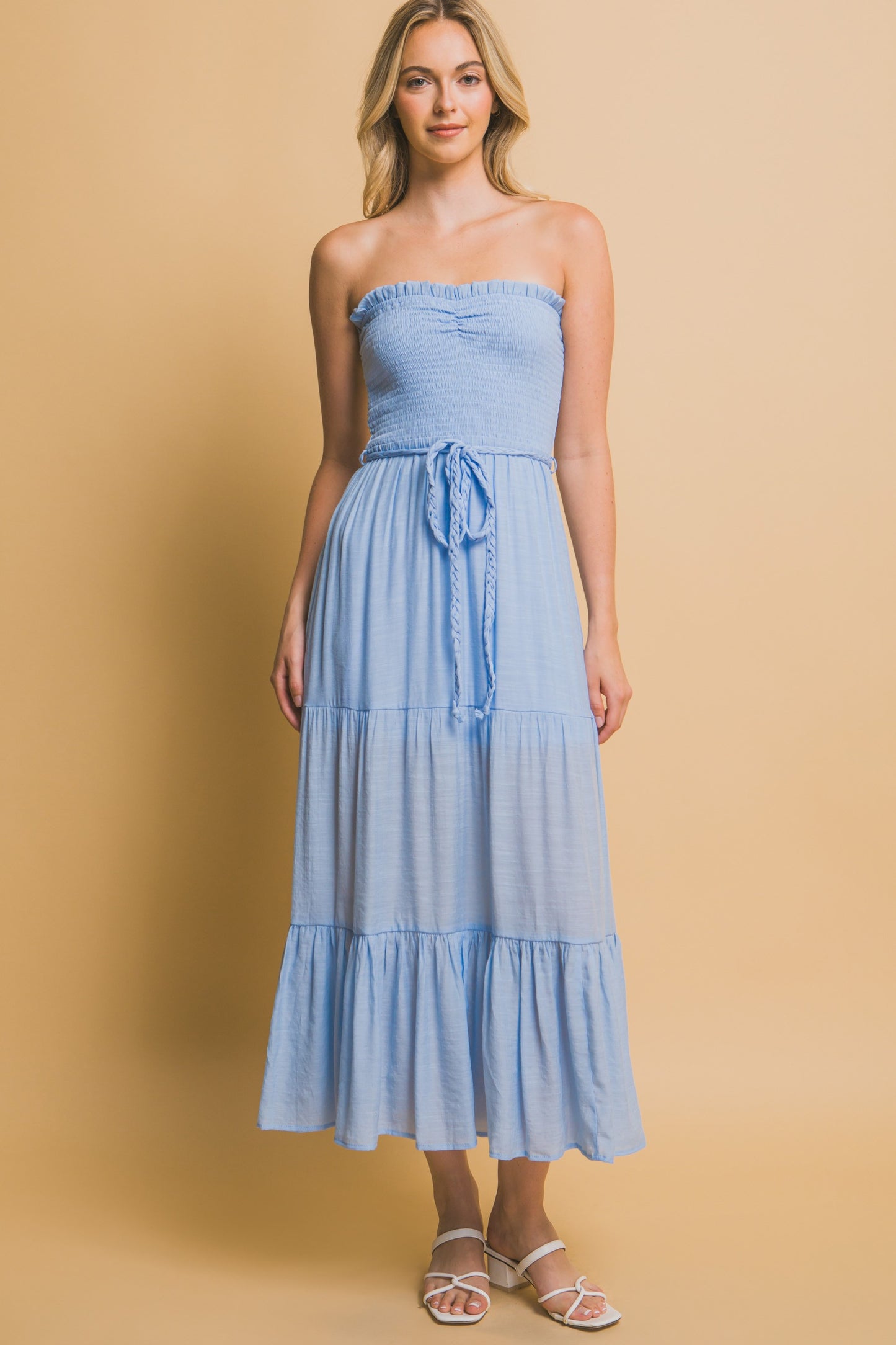 Blue Smocked Strapless Maxi Dress
