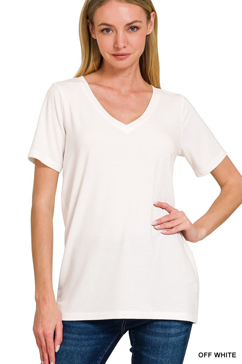 Off White V-Neck Short Sleeve Top