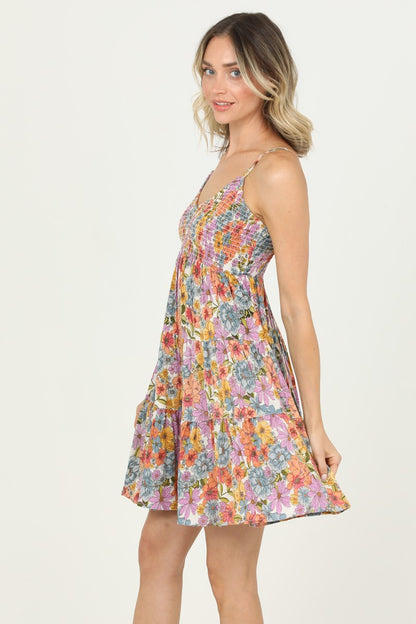 Bold Floral Smocked V-Neck Dress