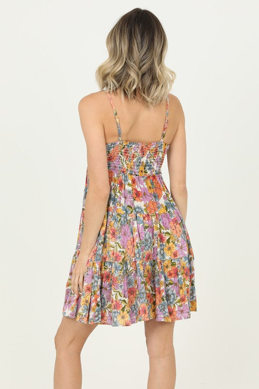 Bold Floral Smocked V-Neck Dress