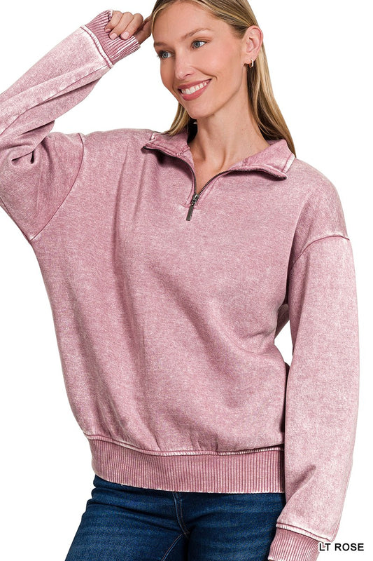 Lt Rose Acid Wash 1/4 Zip Pullover