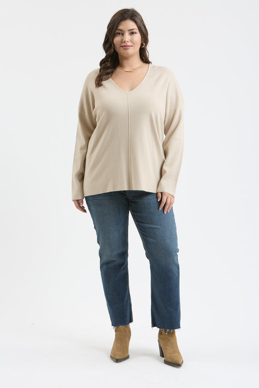 Oatmeal V-Neck Front Seam Sweater