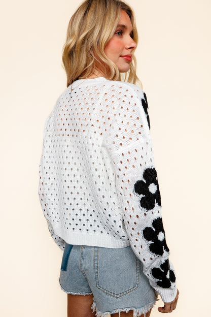 White Cropped Cardigan with Black Floral Print