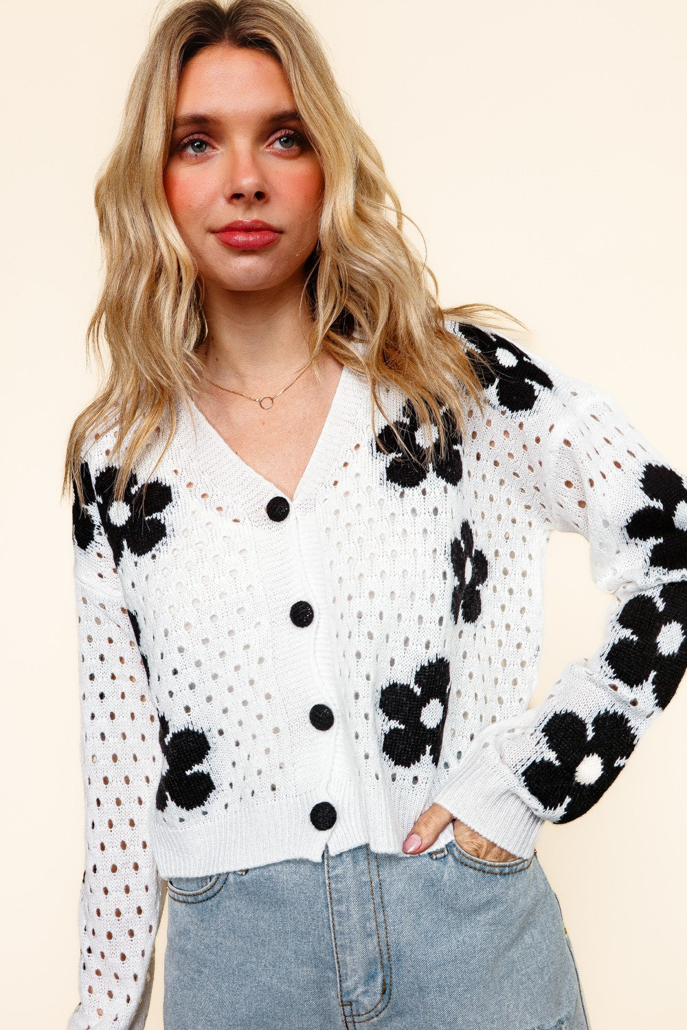 White Cropped Cardigan with Black Floral Print