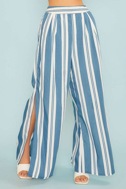 Blue and White Stripe Wide Leg Pants