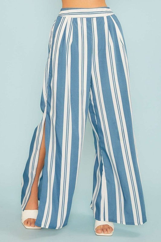 Blue and White Stripe Wide Leg Pants